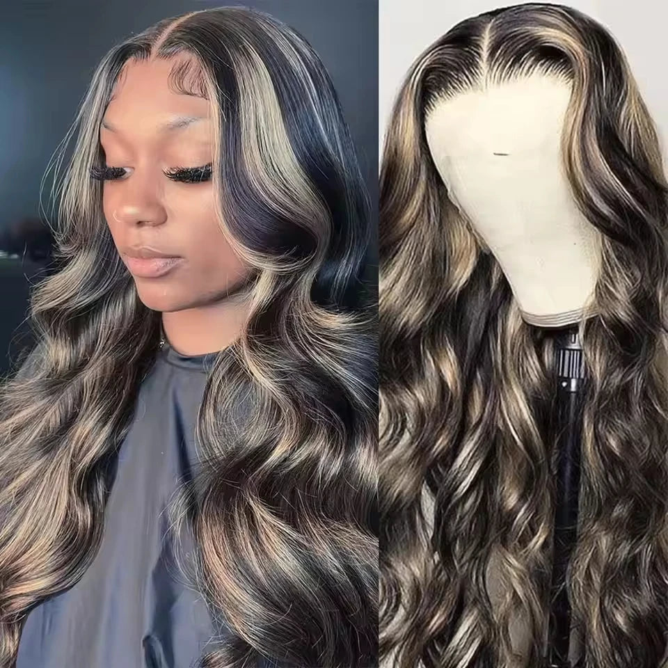 1B/27 Blonde and Blonde Highlight Body Wave 13x4 Lace Frontal Wigs Human Hair 200 Density Brazilian Ombre Colored Lace Front Wig